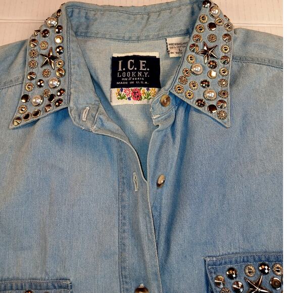 I.C.E. Look NY Womens Sleeveless Embellished Denim Top - Size: Large - Picture 6 of 8